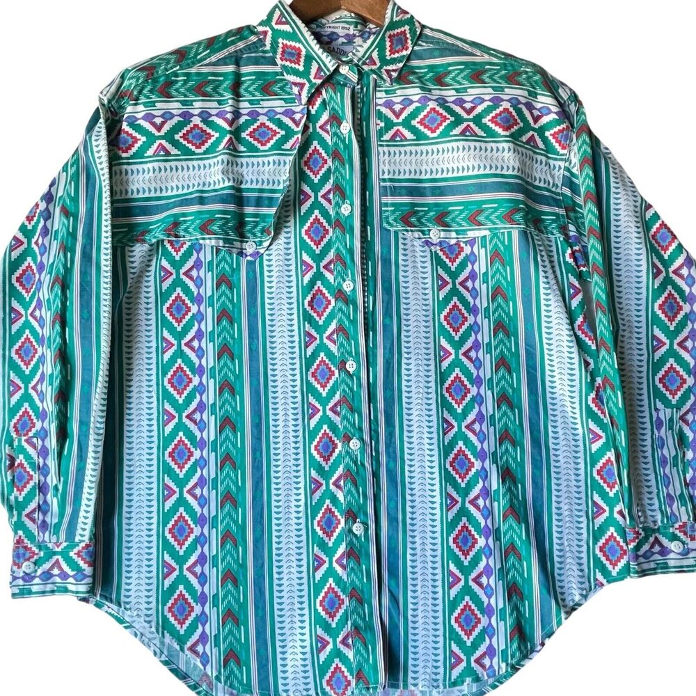 Vintage Side Saddle Womens Aztec Print Western Shirt Green Rodeo SIZE MEDIUM
